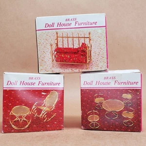 VINTAGE BRASS Dollhouse Furniture 3-Set Lot: Daybed, Dining, Rocker - Excellent - Picture 1 of 15