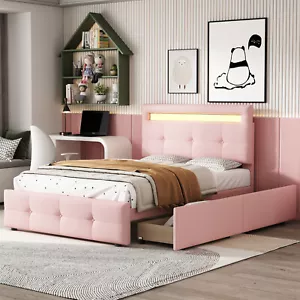 LED Polsterbett Kinderbett Jugendbett 90x200cm Bettgestell mit 2 Schubladen Rosa - Bild 1 von 12