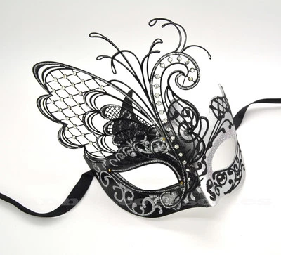 Venetian Metal Butterfly Wing Laser-cut & Crystals Black/Silver Masquerade Mask - Image 1 of 2