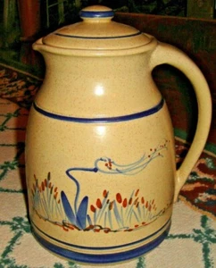 Jarra de cerámica de gres con tapa lados pintados con flores color beige vintage - Imagen 1 de 12