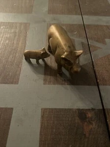 Vintage Brass Pig Sow Mom & 1 Piglet Baby 2” x 4" 1 x 1.75" - Picture 1 of 7