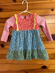 Mini Boden Rainbow Leopard Dress with Ruffled Shoulders Girls Size 3-4 - Picture 1 of 3