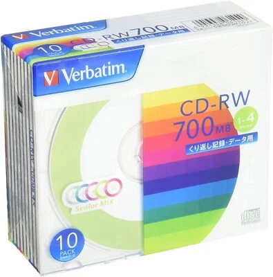 Verbatim 10 Blank CD-RW 700MB Color Mix x1-4 CDRW Data w/case SW80QM10V1 NEW - Image 1 of 4
