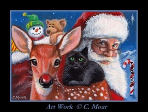 Black Cat Fawn Deer Santa Claus xmas ACEO Limited Edition Miniature Art Print - Picture 1 of 1