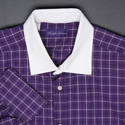 Ralph Lauren Purple Label Dress Shirt Mens 17 Plum Plaid Banker Collar Italy - Image 1 of 4
