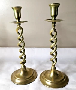 Pair Solid Brass Open Barley Twist Candlesticks 13” High ~ Drip Plates - Picture 1 of 3