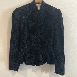 VTG Gunne Sax Blazer Women Sz 9 Blue Dark Velvet Burnout Grandma Puff Shoulder - Picture 1 of 12