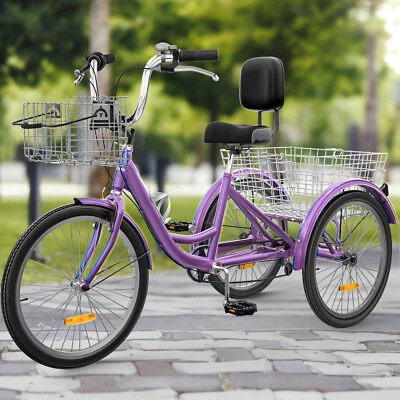 Triciclo triciclo triciclo 26" 7 velocidades para adultos bicicletas de 3 ruedas con cesta extraíble violeta púrpura Foto 1 de 4
