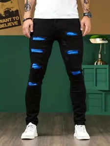 Slim Fit Ripped Jeans, Men's Casual Stretch Street Style Denim Pants With Pocket - Picture 1 of 2