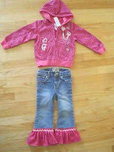 Girl Custom Boutique HOT PINK LEOPARD HOODIE SWEATSHIRT RUFFLES JEANS Set NWT 3t - Picture 1 of 12