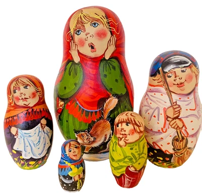 Bambola russa nido, "Una famiglia allegra"' 5 pezzi 7."' Originale, firmato dall'artista. - Immagine 1 di 4