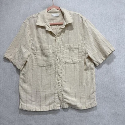 Zara Shirt Mens XL Beige Textured Short Sleeve Button Front Pocket Cotton Blend - Image 1 of 4