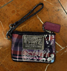 Coach Poppy Purple Silver Tartan Plaid Heart Wristlet Wallet Ln