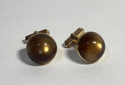 SWANK Cuff Links Gold tone Brown Lucite Moonglow Cabochon - Image 1 of 4