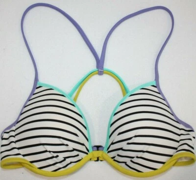 VICTORIAS SECRET FABULOSO BIKINI PUSH UP TOP 32C Blanco y Negro Rayas Colorido Foto 1 de 4