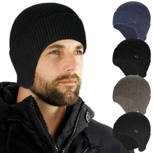 Warm Men Knitted Aviator Thick Beanie Hat Winter Lining With Ear Flaps Ski Hat - Picture 1 of 14