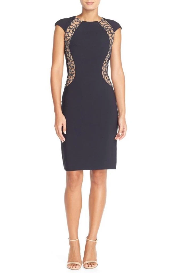 VESTIDO VAINA TERANI COUTURE ADORNADO MALLA Y CREPÉ - TALLA 4 (LK# 122A) Foto 1 de 1