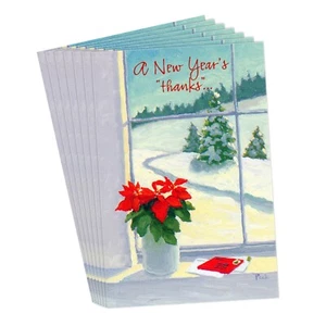 LOT OF 7 Vintage GIBSON NEW YEAR THANKS Cards + Envelopes, Poinsettia Window - Picture 1 of 5