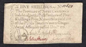 NC-137 DEZEMBER 1771 5s SHILLINGS NORTH CAROLINA COLONIAL GELDSCHEIN - Bild 1 von 2