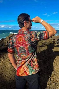 Barabas Men's Rhinestone Floral Dragon Short Sleeve Shirt 4SSR11 - Picture 1 of 26
