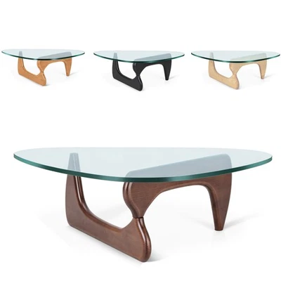 Classic Noguchi Style Coffee Table with Clear Triangle Glass Solid Wood Base - Image 1 of 4