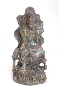 RARE MING DYNASTY BRONZE BUDDHA SITTING IN A CLAMSHELL ON OCEAN WAVES - 5 3/8" T - Picture 1 of 6