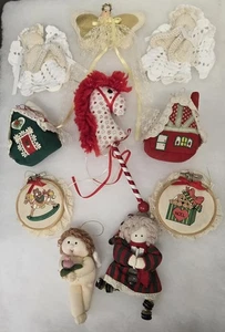 Vintage Christmas 1980's Fabric Ornaments 10 Ornament Lot Horse Angel House Hoop - Picture 1 of 10