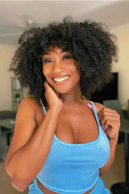 250% Density Afro Kinky Curly Bob Wigs with Bangs 100% Human Hair None Lace Wig - Image 1 of 2
