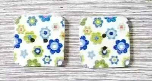 square wood sewing buttons 2 holes 1/2 inch flower blue green white 2pc USA - Picture 1 of 2