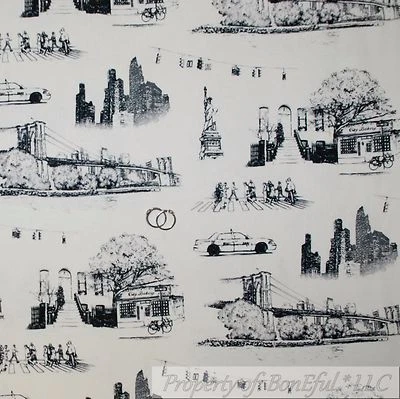 BonEful Fabric FQ Cotton Woven White Black New York City NYC Central Park Toile - Image 1 of 4