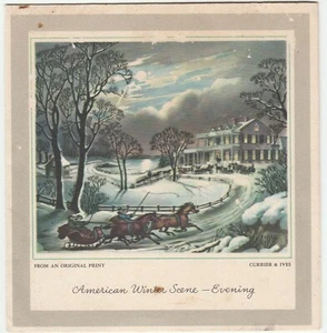 Biglietto natalizio vintage Currier e Ives scena invernale americana sera anni 50 - Foto 1 di 3