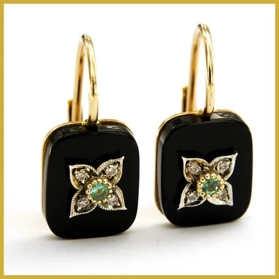 Orecchini in ORO Giallo 14 kt con SMERALDO e ONICE Pendenti a Monachella Donna - Immagine 1 di 4