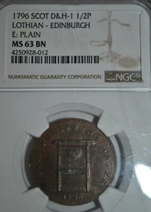 Scotland 1796 DH-1 halfpenny plain edge NGC MS 63 BN TOP POP - Picture 1 of 3