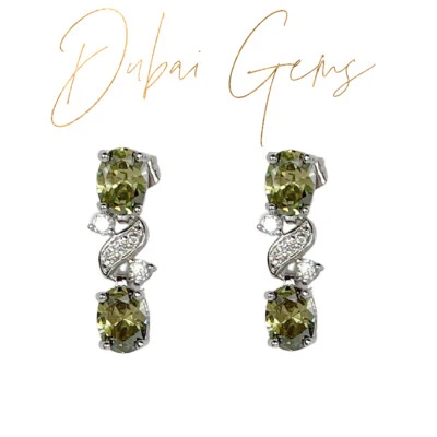 WHITE GOLD FINISH Oval Cut Green Peridot and Round Cut Created Diamond Earrings - Image 1 of 4