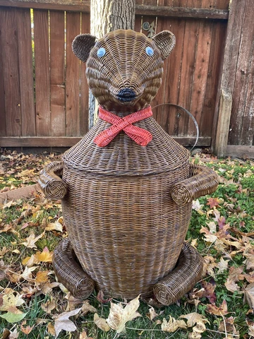 Vintage Wicker Large Brown Bear Figural Hamper Decor Cover