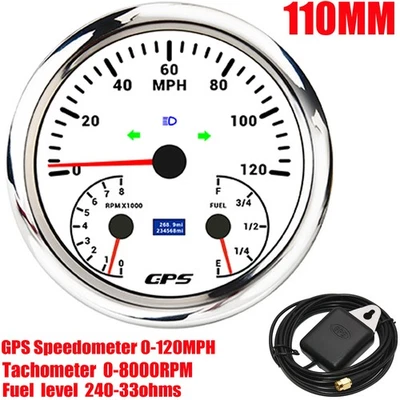 110mm Boat 3 IN 1 Gauge GPS Speedometer 120MPH With Tachometer Fuel Level Gauge - Image 1 of 4
