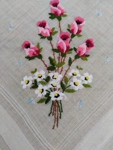 Vgt White Semi Sheer Cotton Embroidered Florals Hankie Handkerchief - Picture 1 of 3