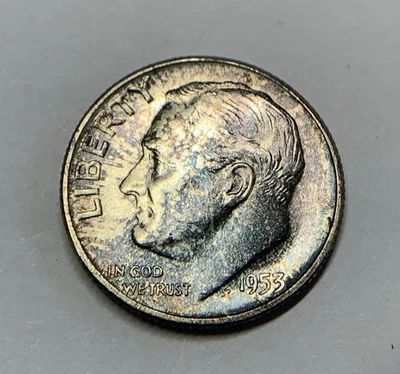 Moneda de diez centavos P-Roosevelt 1953 10¢ tono púrpura/azul elección de gema plata sin circular Foto 1 de 4