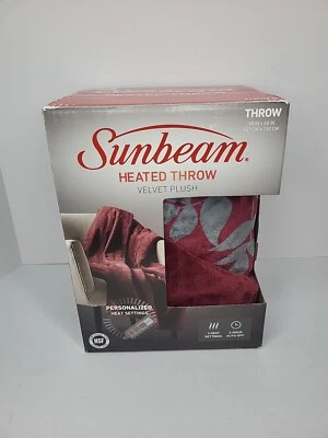 Sunbeam Velvet Plush Heated Throw Blanket w/ 3 Heat Settings Maroon 657680 50x60 - Image 1 of 4