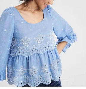 American Eagle Size XLarge Light Blue Embroider Cropped Poet Blouse Cotton - Picture 1 of 15