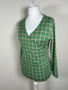 Kettlewell Size Large UK 14 Green Check Jersey Top Faux Wrap Stretchy - Picture 1 of 15