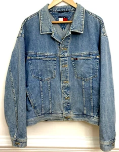 Vtg Tommy Hilfiger Denim Jean Jacket Men’s XL Blue Embroidery 3 Flags Stars - Picture 1 of 7