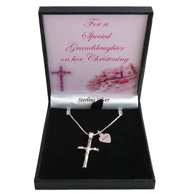 Plata Crucifijo Collar, Cruz, Nombre Grabado, Regalo para de Niña Bautizo Día - Imagen 1 de 4