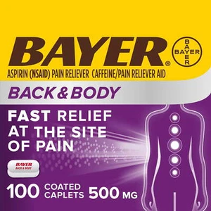 Bayer Back & Body Coated Caplets, Aspirin 500mg + Caffeine 32.5mg, 100 Count - Picture 1 of 8