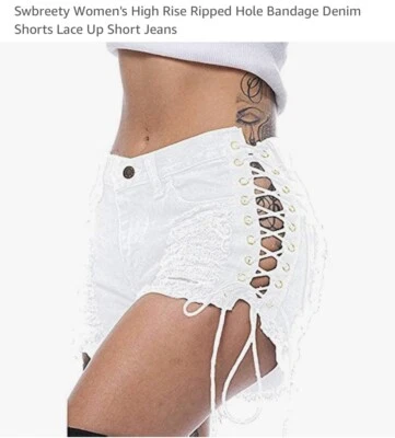Shorts jeans Tengo tamanho 30 cintura com cadarço laterais branco desgastado feminino - Imagem 1 de 4