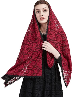 Velos de mantilla de encaje rectangular bufandas católicas para misa de iglesia rojas  Foto 1 de 4