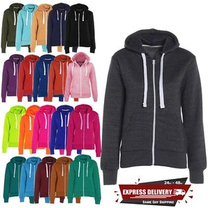 Womens Hoodies Sweatshirt Plain Hoody Girls Zip Top Ladies Jacket Plus Size - Picture 1 of 44