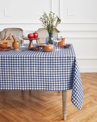 Linen Square Tablecloth 52 x 52 Inch - 100% Pure Linen Navy Blue Gingham Chec... - Image 1 of 4