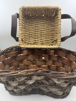Rustic Medium Wicker Basket Woven Bark + Handled Pleather Natural Country LOT 2 - Image 1 of 4