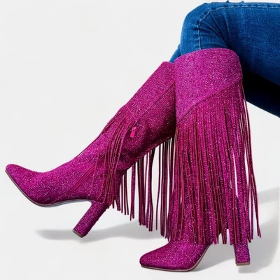 New Women's Rhinestone Fringe Cowboy Cowgirl Western Boots Knee High Block Heel - Image 1 of 2
